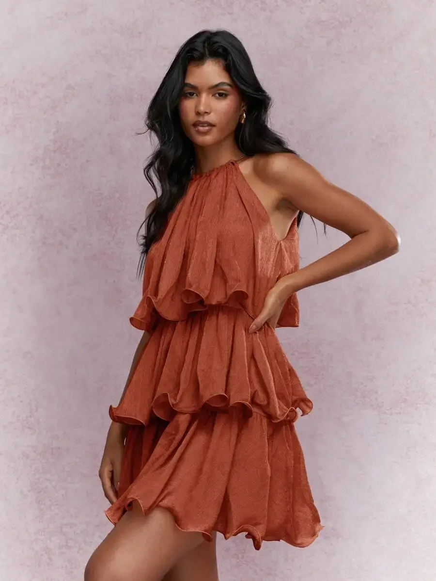 Ruffled Tiered Halter Mini Dress Sleeveless Flowy Chiffon For Summer Parties Evening Events Wedding Guest Wear
Ruffled Tiered Halter Mini Dress Sleeveless Flowy Chiffon For Summer Parties Evening Events Wedding Guest Wear