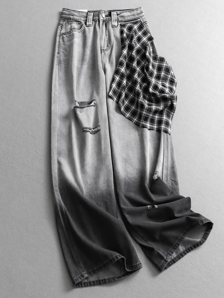 Slimming Plaid Patchwork Hole Gradient Color Wide Leg Jeans Visual Lengthening Women's Long Pants Casual High Waist Zipper
Slimming Plaid Patchwork Hole Gradient Color Wide Leg Jeans Visual Lengthening Women's Long Pants Casual High Waist Zipper