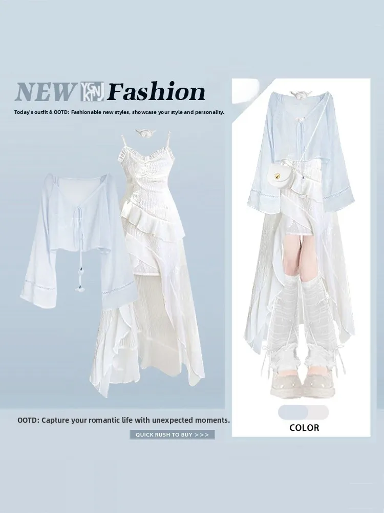 Summer Lightweight Blue Sun Protection Cardigan with Ruffle Uneven Strap Dress Set Sweet Anti-Aging Holiday Style Outfit
Summer Lightweight Blue Sun Protection Cardigan with Ruffle Uneven Strap Dress Set Sweet Anti-Aging Holiday Style Outfit