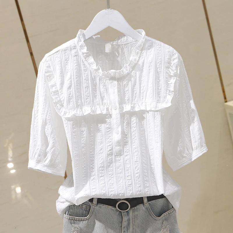 Cotton 100% White Women Shirts Summer New Design 2024 Ruffles Neck Half Sleeved Slim Solid Loose Office Lady Work Blouse Tops
Cotton 100% White Women Shirts Summer New Design 2024 Ruffles Neck Half Sleeved Slim Solid Loose Office Lady Work Blouse Tops