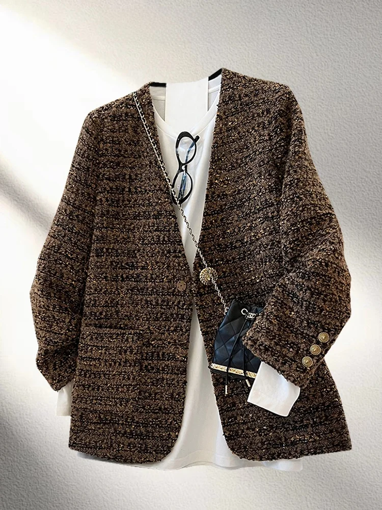 Elegant Gold Thread Interwoven Tweed Jacket Women's Mid-Length Single-Breasted Warmth Fashion Style Classic Autumn Winter Coat
Elegant Gold Thread Interwoven Tweed Jacket Women's Mid-Length Single-Breasted Warmth Fashion Style Classic Autumn Winter Coat