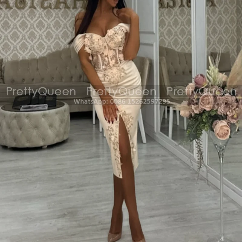 Front Split Sheath Prom Dresses Floral Appliques Off Shoulder Customized Mermaid Short Evening Dress Party
Front Split Sheath Prom Dresses Floral Appliques Off Shoulder Customized Mermaid Short Evening Dress Party