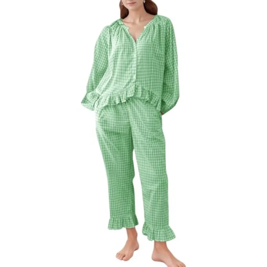 Женский хлопковый пижамный комплект COZYPOIN из 2 предметов: рубашка с длинным рукавом на пуговицах и брюки с рюшами, в клетку, для дома и сна, мягкая одежда для отдыха
Женский хлопковый пижамный комплект COZYPOIN из 2 предметов: рубашка с длинным рукавом на пуговицах и брюки с рюшами, в клетку, для дома и сна, мягкая одежда для отдыха