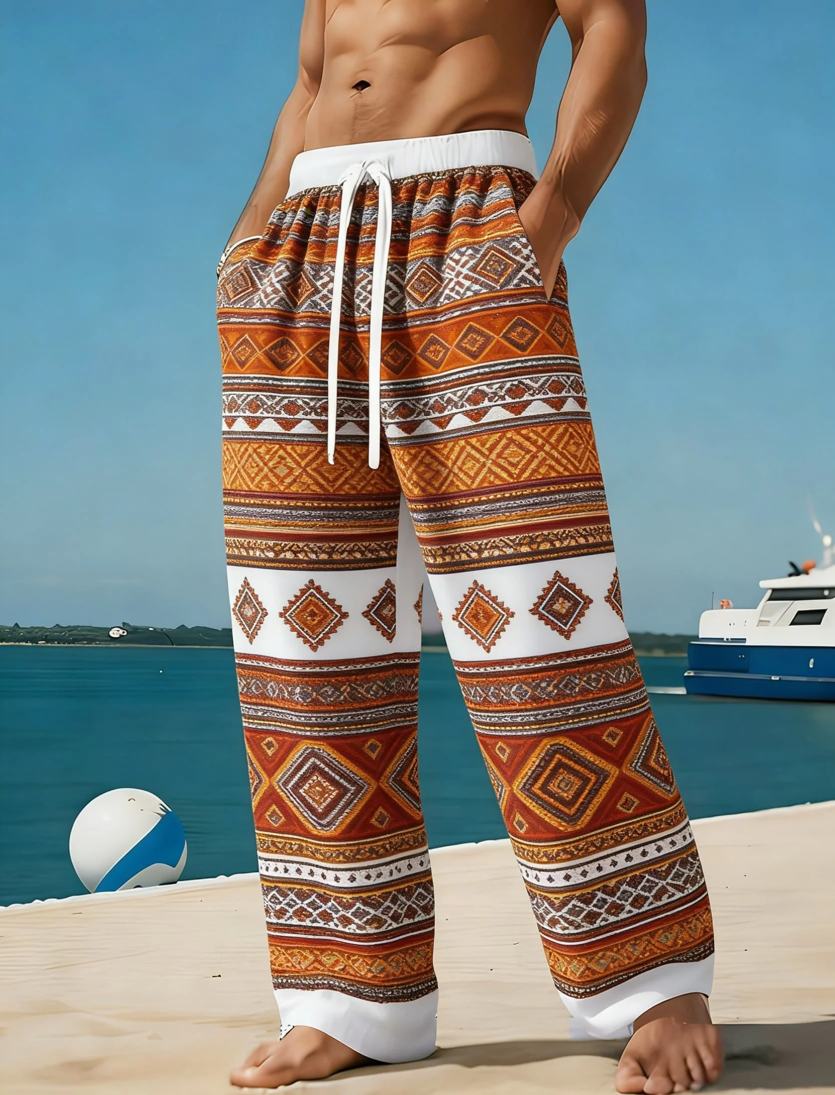 Men's Ethnic Diamond Geometric Stripe Print Casual Pants, Spring Summer Vacation Loose Straight Trousers, Drawstring Waist
Men's Ethnic Diamond Geometric Stripe Print Casual Pants, Spring Summer Vacation Loose Straight Trousers, Drawstring Waist