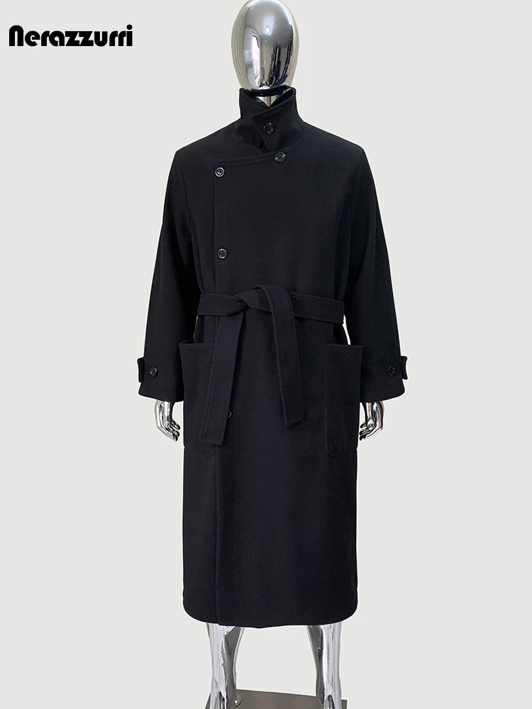 Nerazzurri Autumn Winter Long Thick Soft Warm Black Wool Blends Coat Men Sashes Luxury Elegant Chic Woolen Overcoat Menswear
Nerazzurri Autumn Winter Long Thick Soft Warm Black Wool Blends Coat Men Sashes Luxury Elegant Chic Woolen Overcoat Menswear