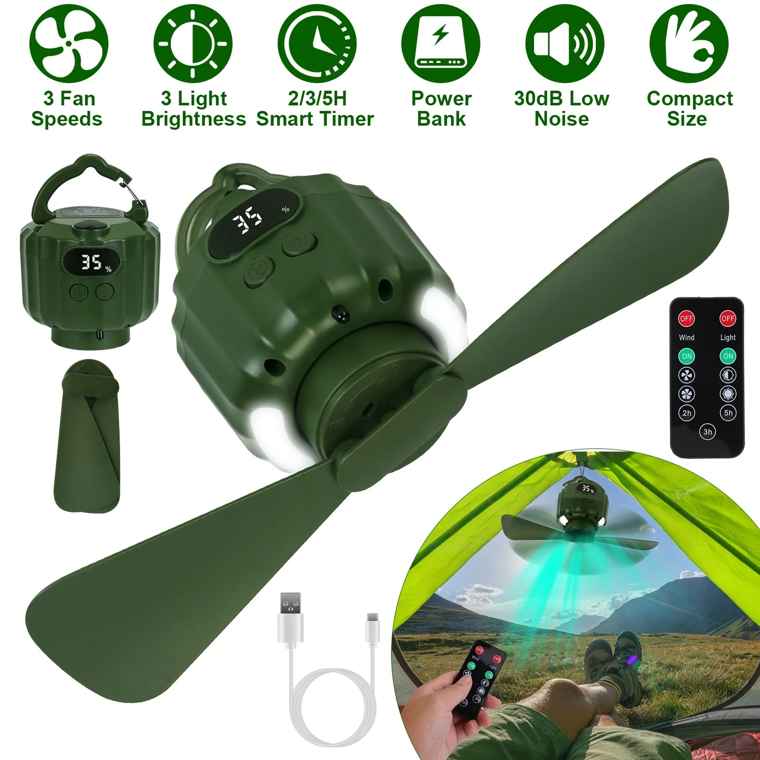 5200mAh 10400mAh 3-in-1 Camping Fan LED Lantern Power Bank 3 Speed Wind 3 Bright Light 2/3/5H Timer Quiet Hanging Tent Fan With Remote Detachable Blades Outdoor Portable Fan Green
5200mAh 10400mAh 3-in-1 Camping Fan LED Lantern Power Bank 3 Speed Wind 3 Bright Light 2/3/5H Timer Quiet Hanging Tent Fan With Remote Detachable Blades Outdoor Portable Fan Green