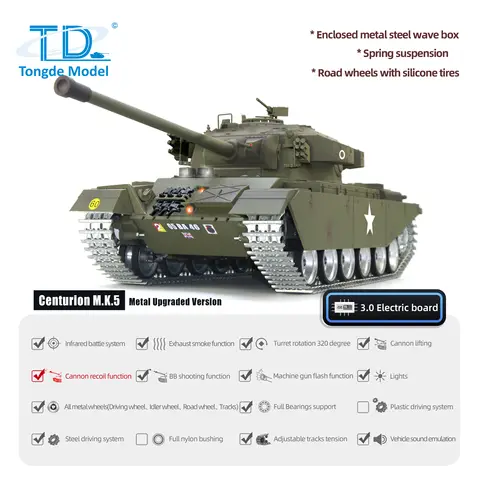 1/16 Tongde RC Tank Model British Centurion MK5 BB & Infrared Battle Tank Metal Tracks Barrel Recoi BB Shooting Panzer Toys