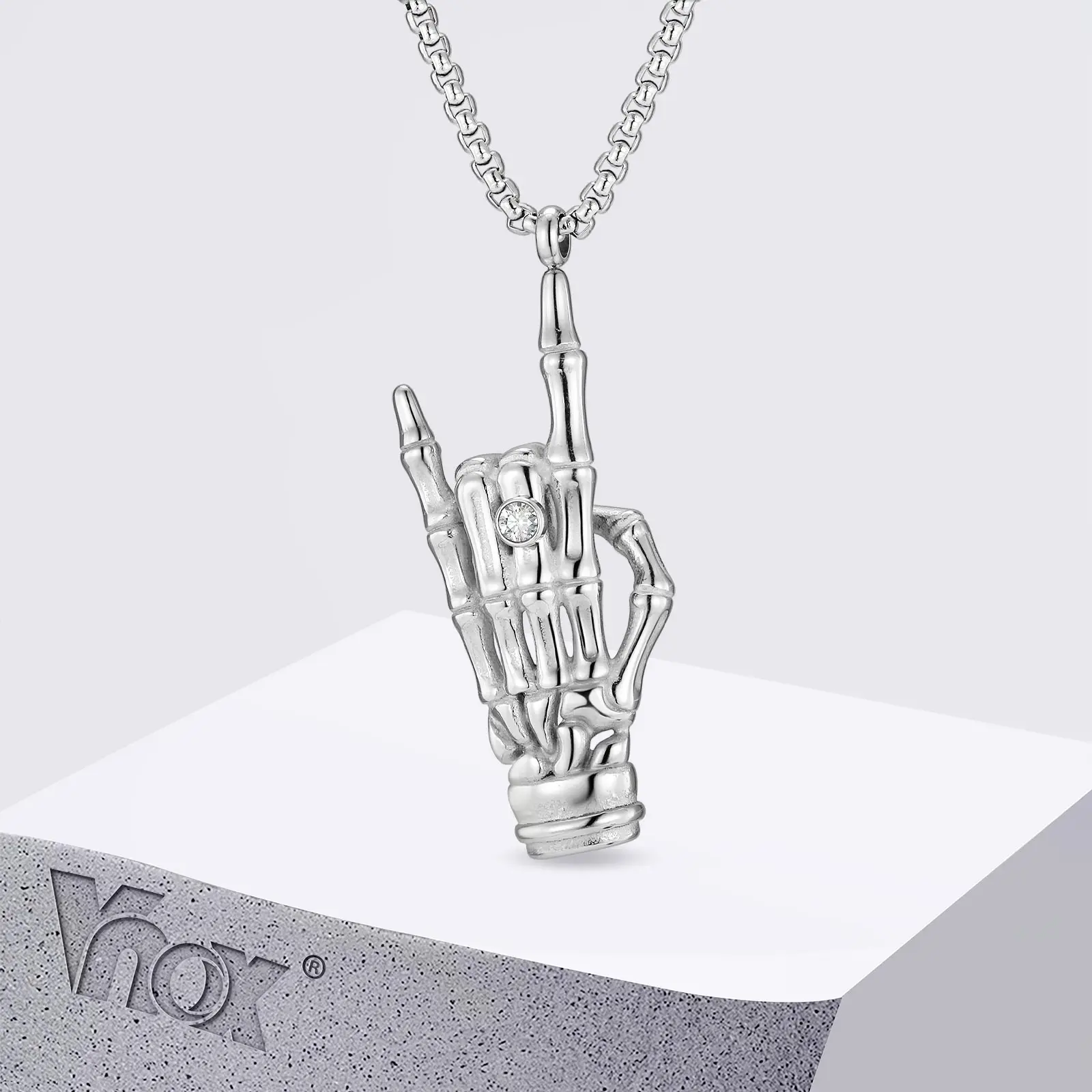 Vnox Bone Rock Hand Gesture Pendant Necklaces, Gothic Punk Music Jewelry, Men's Silver Color Stainless Steel Box Chain Necklace
Vnox Bone Rock Hand Gesture Pendant Necklaces, Gothic Punk Music Jewelry, Men's Silver Color Stainless Steel Box Chain Necklace