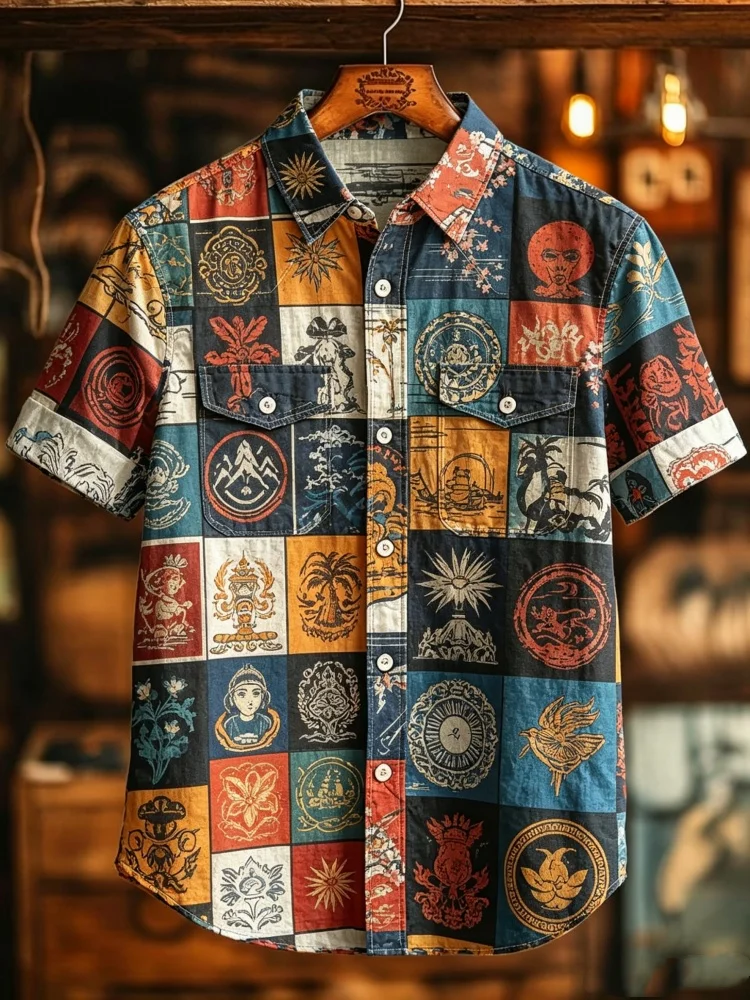Mens Short Sleeve Shirt Double Pocket Turn Down Collar Ethnic Patchwork Print Shirt
Mens Short Sleeve Shirt Double Pocket Turn Down Collar Ethnic Patchwork Print Shirt