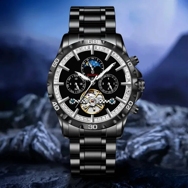 New High Quality Mens Business Watch Moon Phase Stainless Steel Leisure Mechanical Watch Clock Luminous Black Watches
New High Quality Mens Business Watch Moon Phase Stainless Steel Leisure Mechanical Watch Clock Luminous Black Watches
