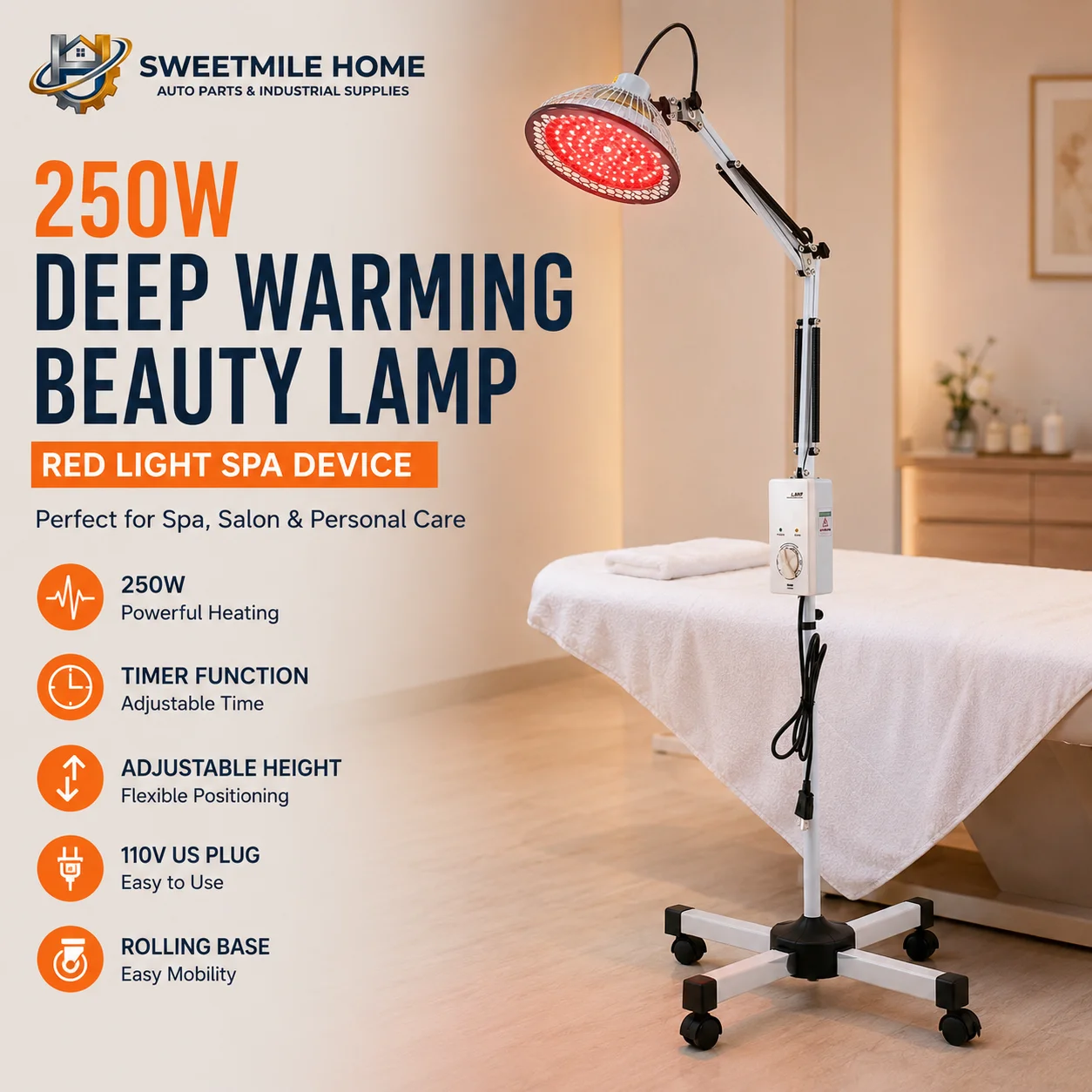 250W Deep Warming Beauty Lamp Floor Standing Red Light Spa Device 110V US Plug Timer Adjustable Height Rolling Base
250W Deep Warming Beauty Lamp Floor Standing Red Light Spa Device 110V US Plug Timer Adjustable Height Rolling Base