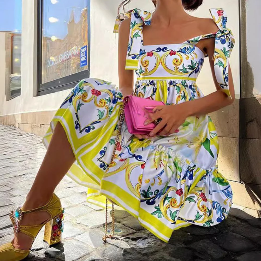 Fashion Yellow Print Bow Sling Dress Sexy Flower Sleeveless Backless Mid Waist Dress Summer Boho Beach Party A Line Clothes
Fashion Yellow Print Bow Sling Dress Sexy Flower Sleeveless Backless Mid Waist Dress Summer Boho Beach Party A Line Clothes