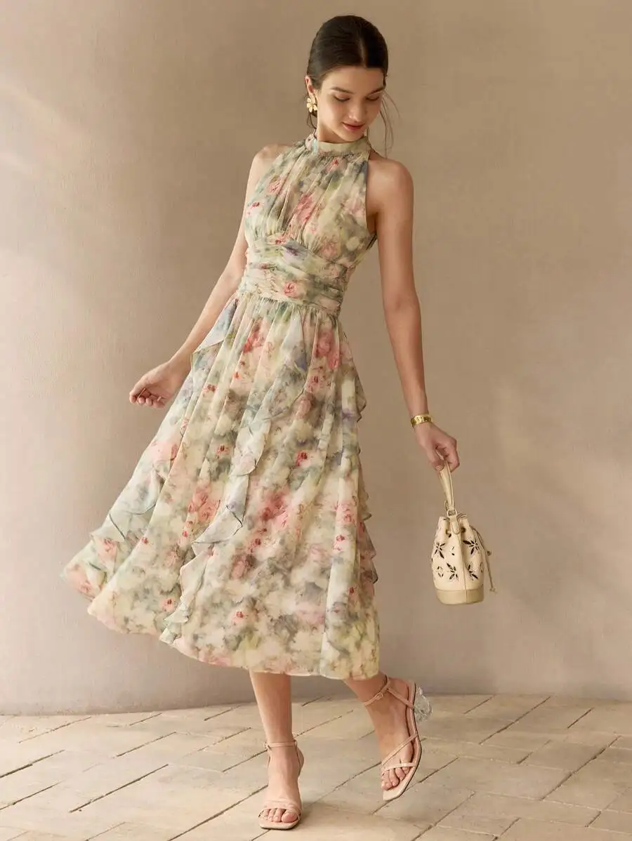 Floral Print Ruched Waist Ruffle Trim Midi Dress in Chiffon
Floral Print Ruched Waist Ruffle Trim Midi Dress in Chiffon