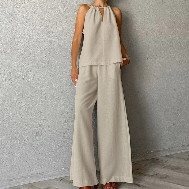 Solid Color Openwork Lace-up Sleeveless Neck Vest Wide Leg Pants Suit Spring and Summer Fashion
Solid Color Openwork Lace-up Sleeveless Neck Vest Wide Leg Pants Suit Spring and Summer Fashion