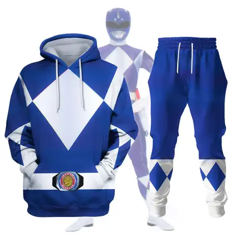 Men's 2-piece Sports Suit, Superhero Role-playing 3D Printed Hoodie and Sweatpants, Blue Powerful Ranger Costume