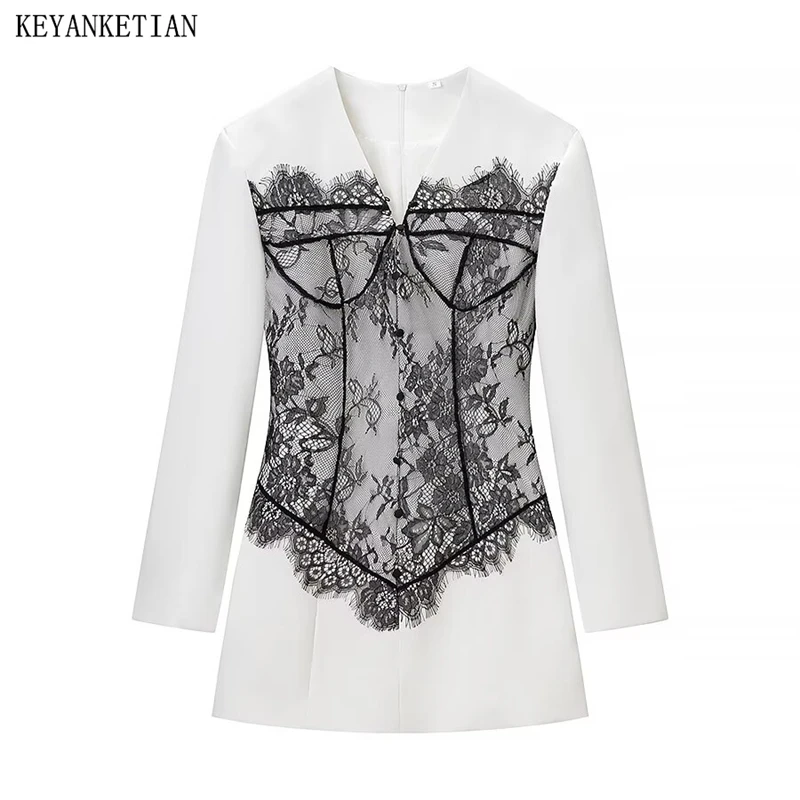 KEYANKETIAN Spring New Women's V-neck Long Sleeved Lace Patchwork Decoration Slim Fit Jacket Dress Mini Skirt
KEYANKETIAN Spring New Women's V-neck Long Sleeved Lace Patchwork Decoration Slim Fit Jacket Dress Mini Skirt