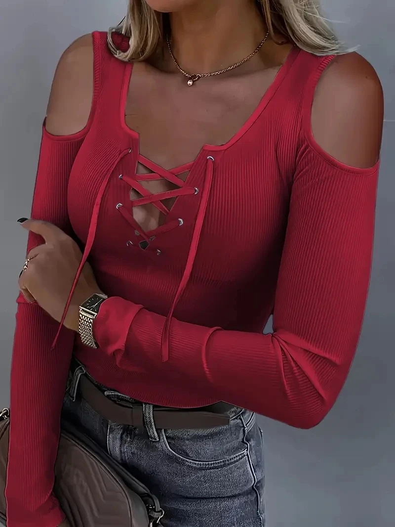 European and American design sense v-neck chicken eye lacing waist-tight long sleeve shoulder-revealing T-shirt women
European and American design sense v-neck chicken eye lacing waist-tight long sleeve shoulder-revealing T-shirt women