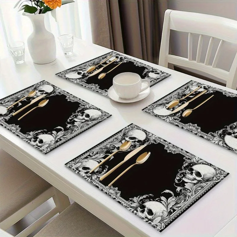 Обеденные коврики в готическом стиле, черные салфетки со скелетом, набор золотых столовых приборов для тематического ужина, сервировки стола
Обеденные коврики в готическом стиле, черные салфетки со скелетом, набор золотых столовых приборов для тематического ужина, сервировки стола