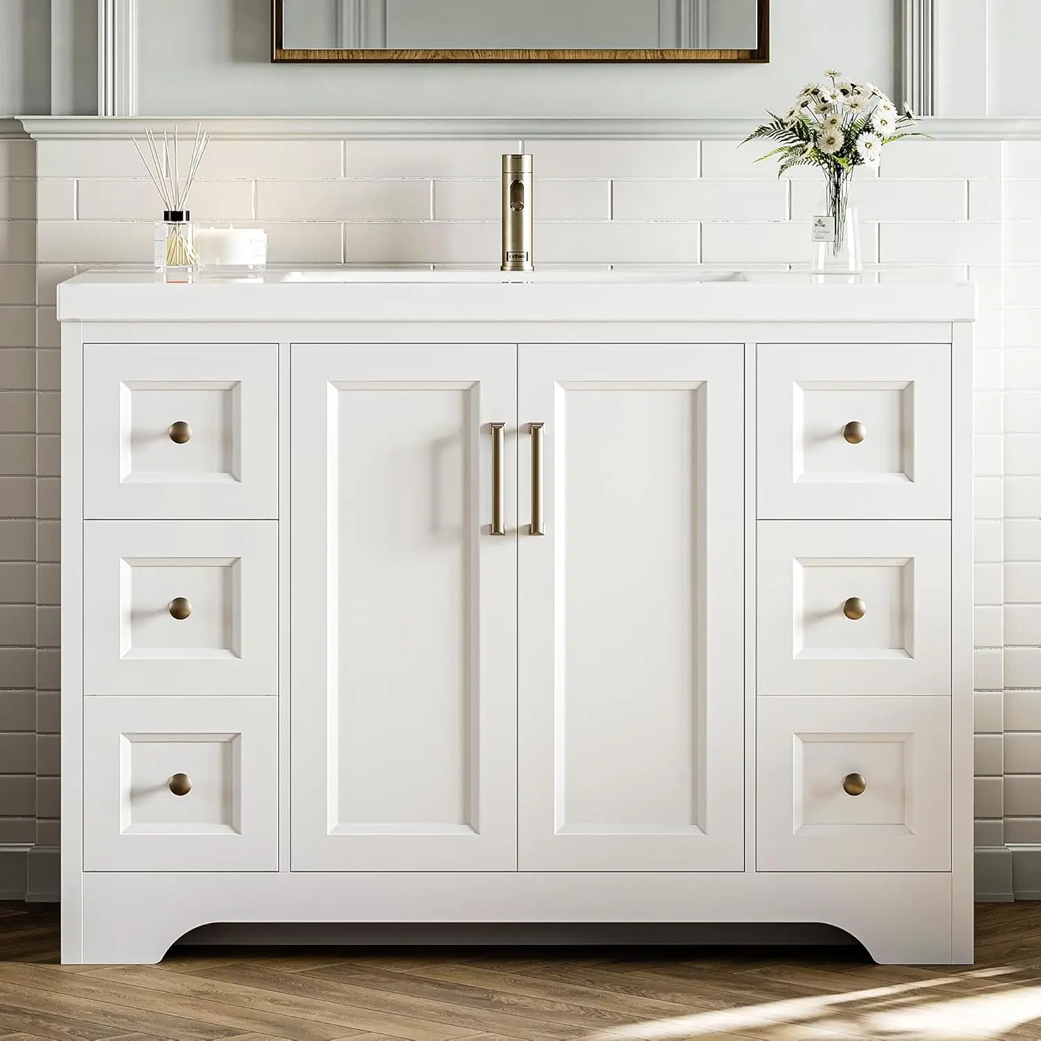 47.2" Bathroom Vanity with Sink, Freestanding Bathroom Vanity with 2 Soft-Close Doors & 4 Drawers, Integrated Single, Custom
47.2" Bathroom Vanity with Sink, Freestanding Bathroom Vanity with 2 Soft-Close Doors & 4 Drawers, Integrated Single, Custom