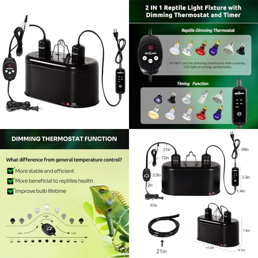 Dual Reptile Light Fixture with Dimming Thermostat and Timer, Deep Dome Lamp Fixture with Independent Reptile Dimming Thermosta
Dual Reptile Light Fixture with Dimming Thermostat and Timer, Deep Dome Lamp Fixture with Independent Reptile Dimming Thermosta