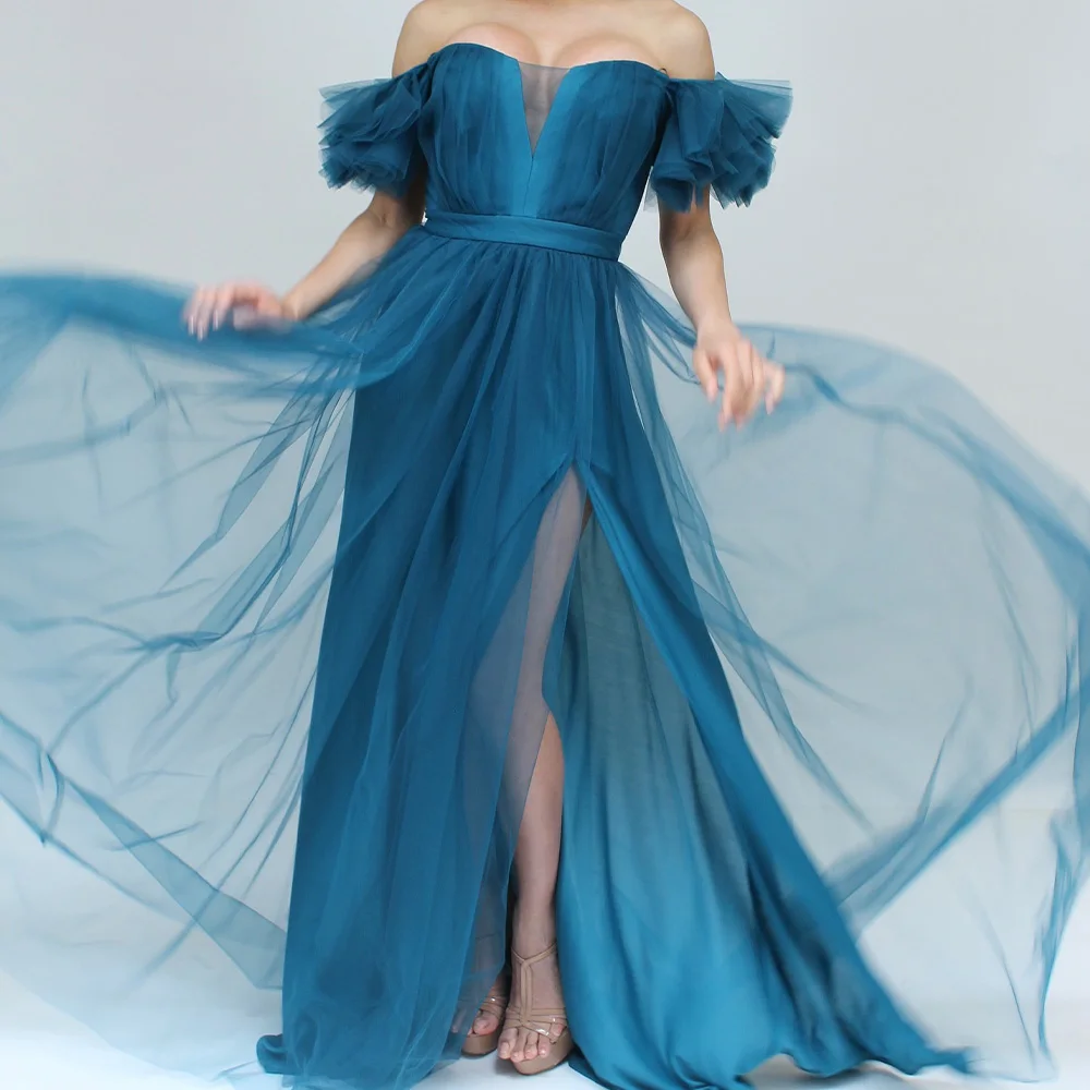 Tulle Front Slit Ruffles Zipper Back Off the Shoulder Sleeveless Exquisite and Graceful Evening Dress Sweep Train Floor Length
Tulle Front Slit Ruffles Zipper Back Off the Shoulder Sleeveless Exquisite and Graceful Evening Dress Sweep Train Floor Length