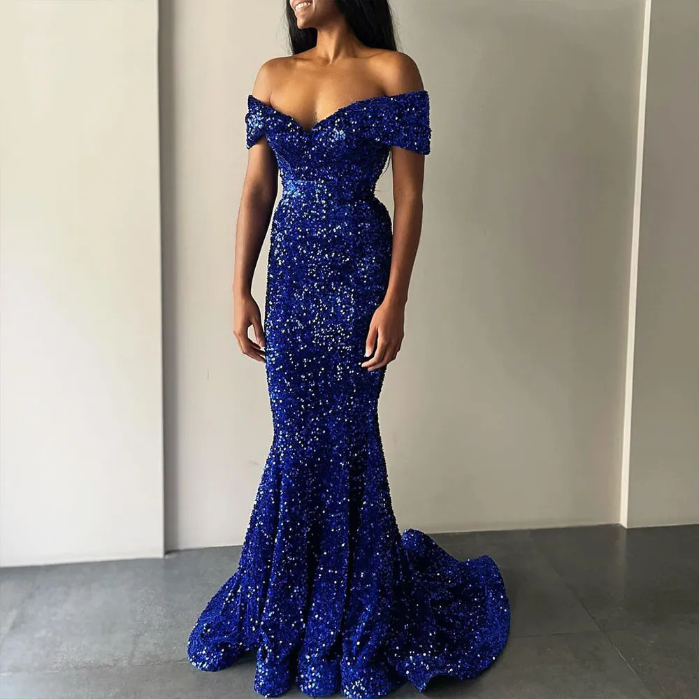Sexy Off Shoulder Shiny Sequins Mermaid Evening Dress Long 2023 V-Neck Party Prom Gown Elegant woman Royal Blue robes de soirée
Sexy Off Shoulder Shiny Sequins Mermaid Evening Dress Long 2023 V-Neck Party Prom Gown Elegant woman Royal Blue robes de soirée