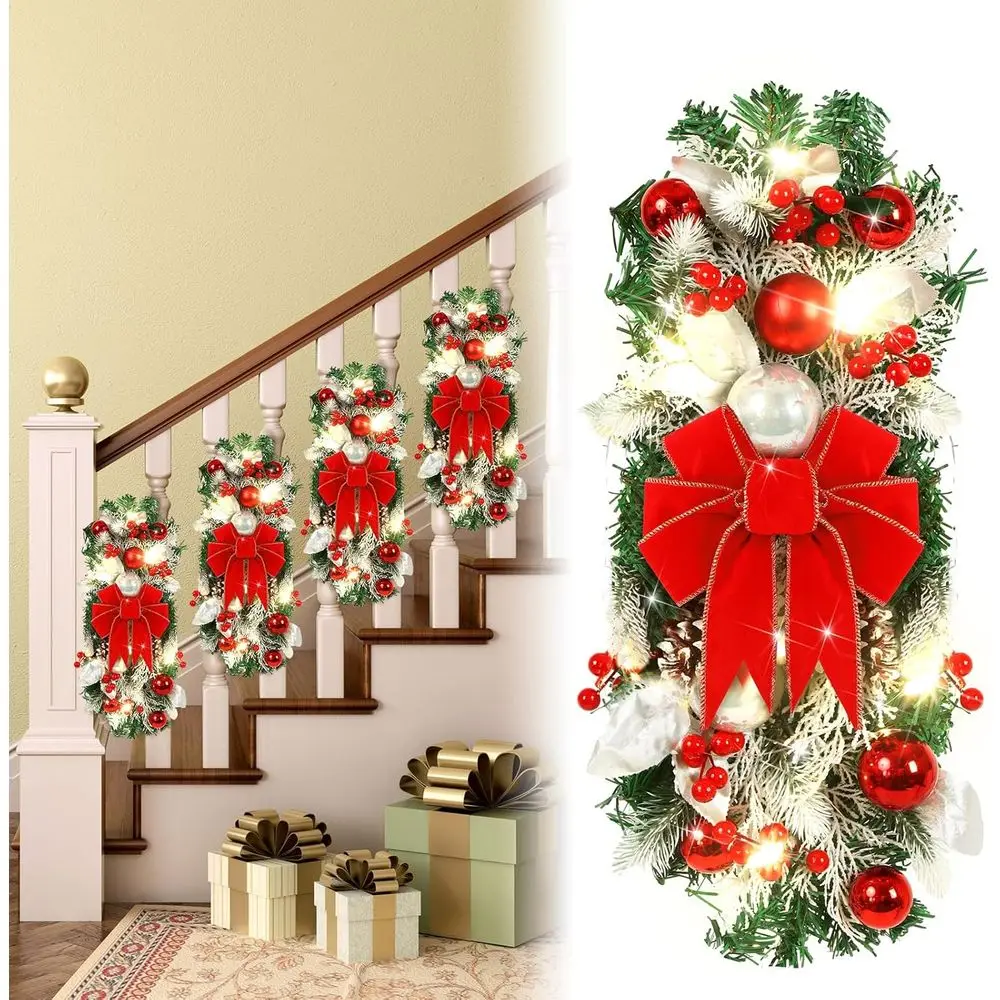 4 Pcs 19.7 LED Lighted Christmas Stair Swags with Teardrop, Pine Garland, and Pine Cone Outdoor/Indoor Decor
4 Pcs 19.7 LED Lighted Christmas Stair Swags with Teardrop, Pine Garland, and Pine Cone Outdoor/Indoor Decor