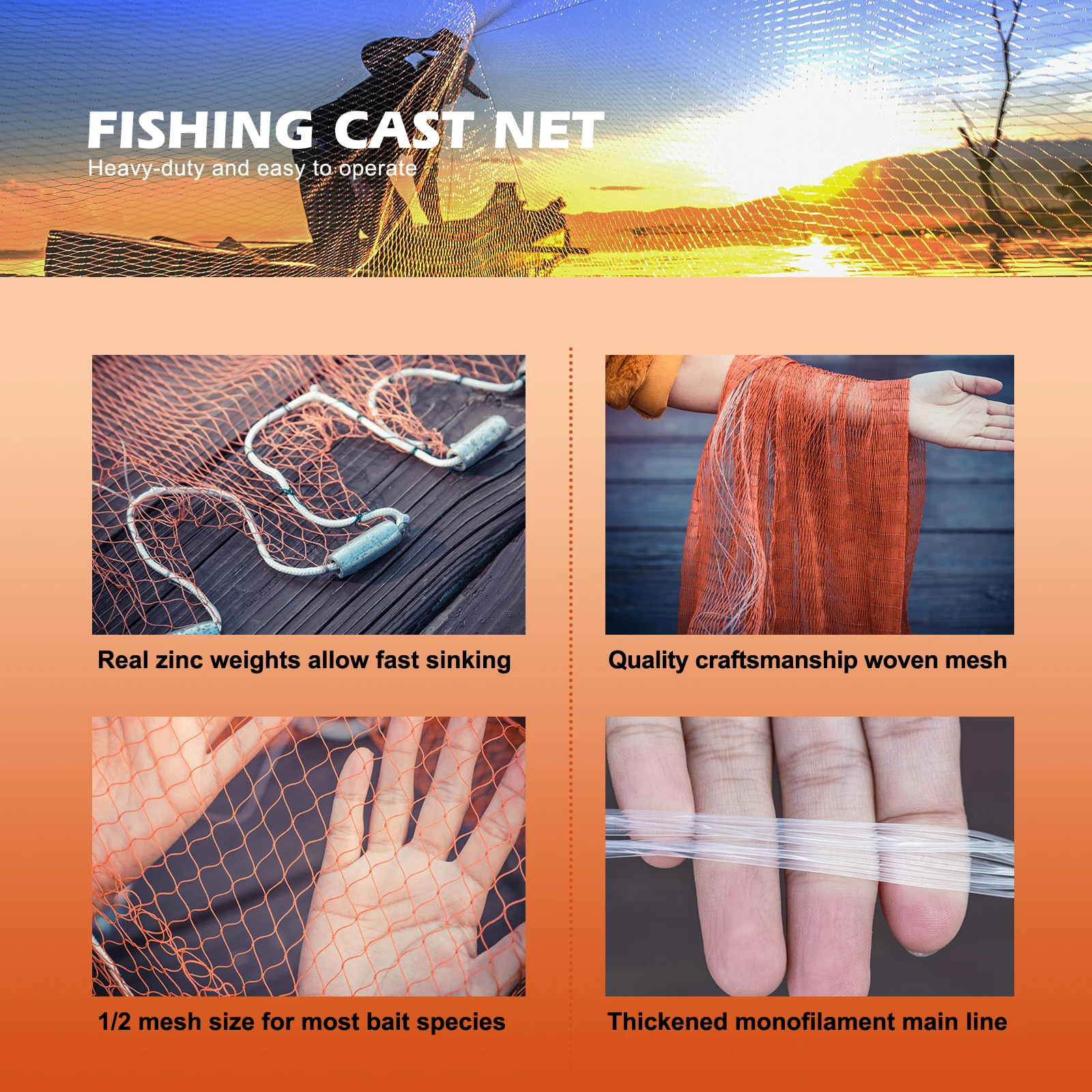 Durable Fishing Cast Net,Quick Sinking Hand Throw Net for Bait Fish Shrimp,Monofilament Mesh Cast Net for Saltwater Freshwater
Durable Fishing Cast Net,Quick Sinking Hand Throw Net for Bait Fish Shrimp,Monofilament Mesh Cast Net for Saltwater Freshwater