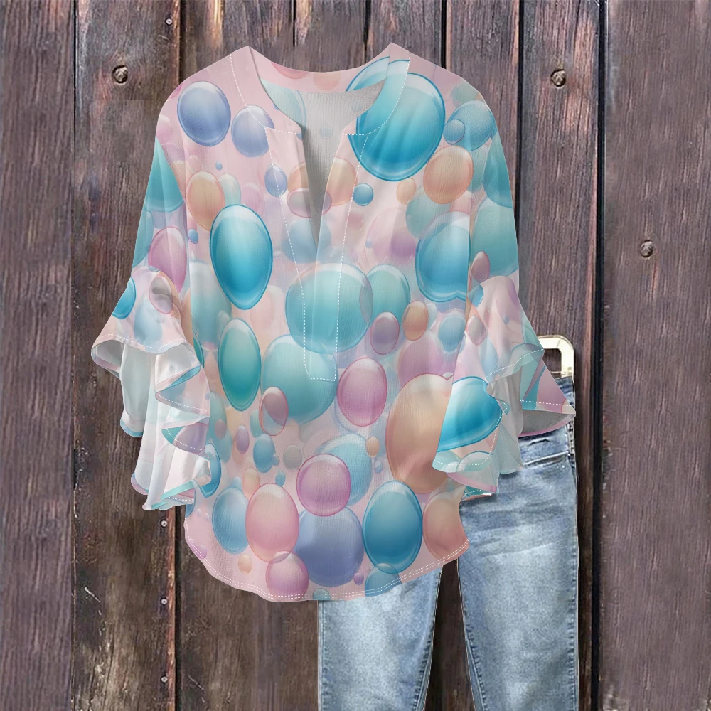 Sweet Feminine Women's Blouse Pastel Colored Bubble Pattern Crinkle Chiffon Top V-Neck Bell Sleeves for A Romantic Casual Look
Sweet Feminine Women's Blouse Pastel Colored Bubble Pattern Crinkle Chiffon Top V-Neck Bell Sleeves for A Romantic Casual Look