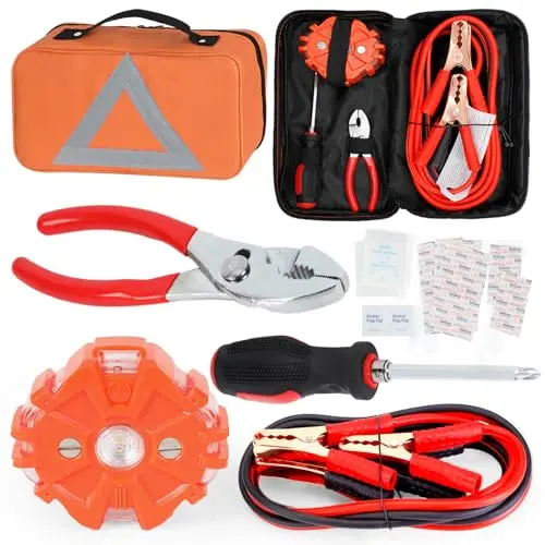 Orange Automotive Emergency Roadside Kit Featuring Jumper Cables, LED Warning Light, Multi-Tool, First Aid Supplies, And
Orange Automotive Emergency Roadside Kit Featuring Jumper Cables, LED Warning Light, Multi-Tool, First Aid Supplies, And