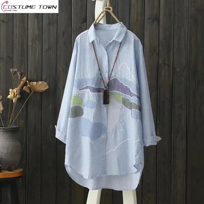 Spring and summer new long sleeved cotton shirt with thin stripes and fashionable printed shirt top
Spring and summer new long sleeved cotton shirt with thin stripes and fashionable printed shirt top