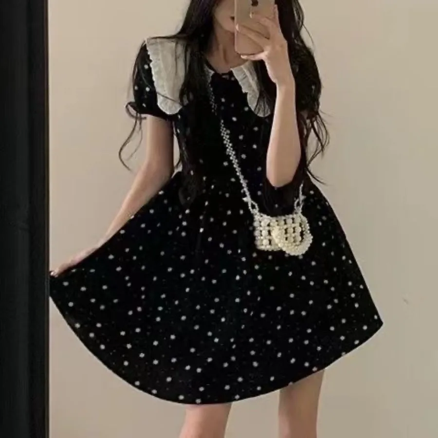 【New Arrival】Black Polka Dot Mini Dress Women White Lace Collar Short Sleeve A-Line Casual Summer Sundress
【New Arrival】Black Polka Dot Mini Dress Women White Lace Collar Short Sleeve A-Line Casual Summer Sundress