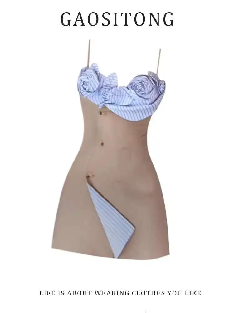 GAOSITONG French Style Striped 3D Flower Strap Dress for Women Summer 2025 Slim Waist Bodycon Short Dress
GAOSITONG French Style Striped 3D Flower Strap Dress for Women Summer 2025 Slim Waist Bodycon Short Dress
