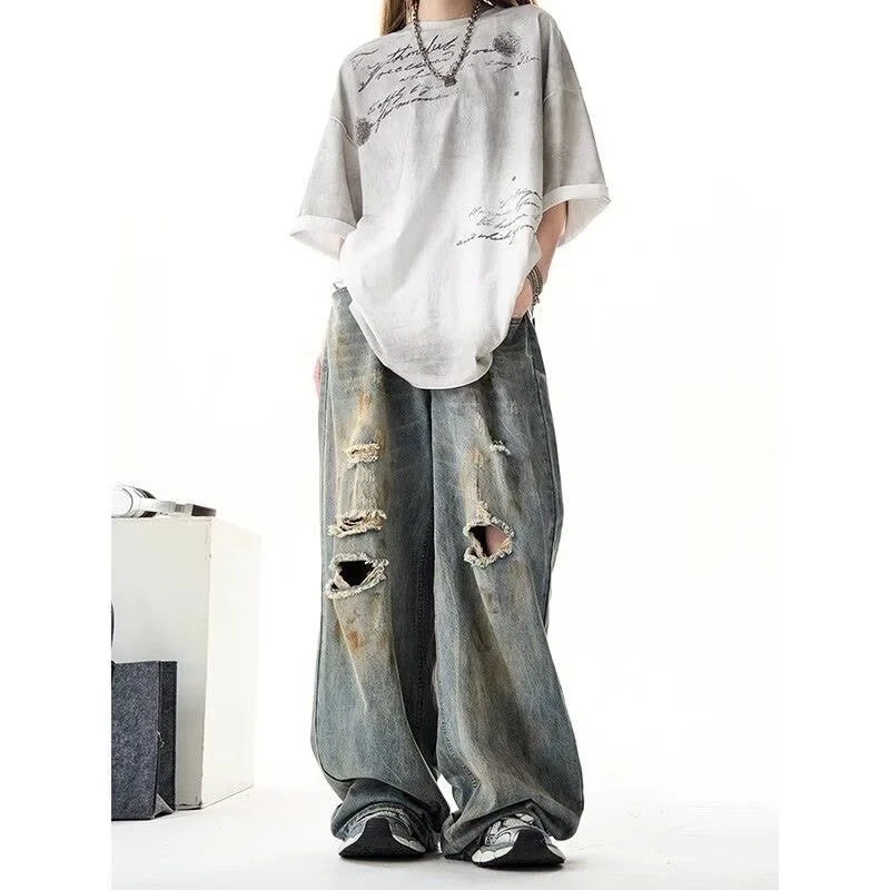 Women's Multiple Holes Dirty Old Wide Legs Jeans Cool Girl High Waisted Streetwear Fashion Cool Girl Pant Female Denim Trouser
Women's Multiple Holes Dirty Old Wide Legs Jeans Cool Girl High Waisted Streetwear Fashion Cool Girl Pant Female Denim Trouser