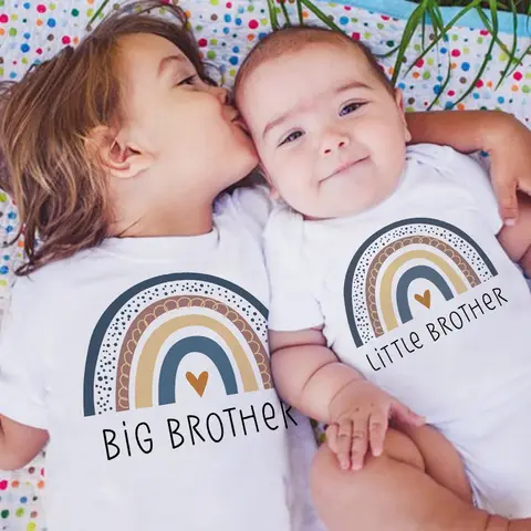 Rainbow Big Brother Little Brother Matching Outfit T Shirts Summer Sibling T-shirt Children Short Sleeve Tops Girls Boys Clothes
