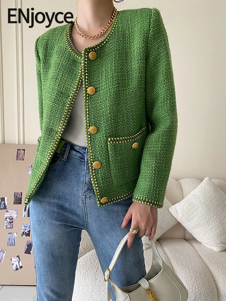 ENjoyce Spring Fall Women Luxury Brand Green Wool Blend Jacket Korean Fashion Round Neck Single Breasted Cropped Tweed Suit Coat
ENjoyce Spring Fall Women Luxury Brand Green Wool Blend Jacket Korean Fashion Round Neck Single Breasted Cropped Tweed Suit Coat