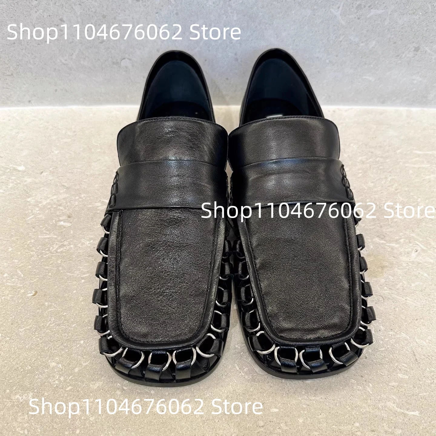 Women's Black Leather Loafers Metal Ring Detail Design Platform Sole Slip-On Shoes Square Toe Street Daily Ladies Single Shoes
Women's Black Leather Loafers Metal Ring Detail Design Platform Sole Slip-On Shoes Square Toe Street Daily Ladies Single Shoes