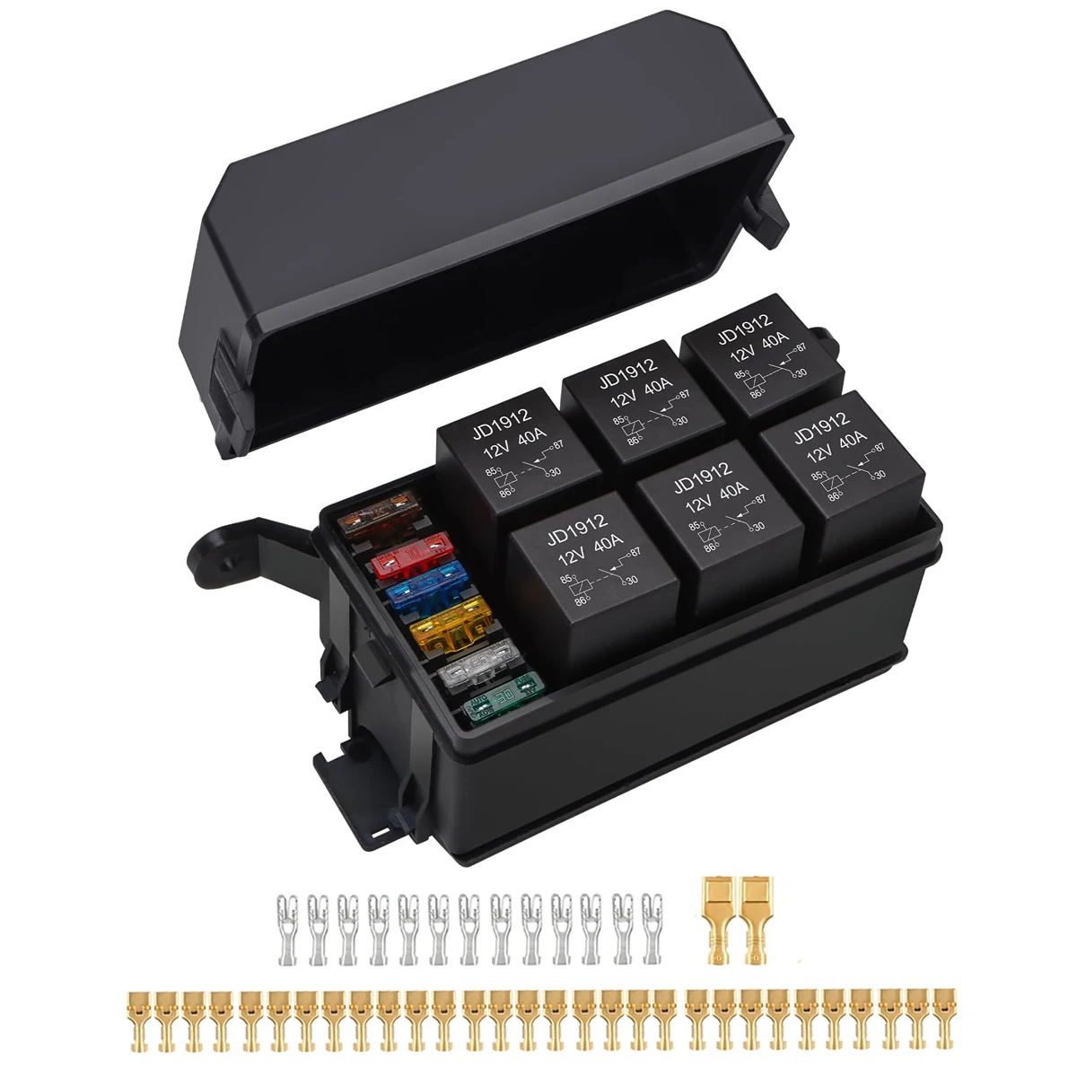 6 Way 12V Fuse Relay Box with 6 Relays and 6 ATC/ATO Blade Fuses, 4-Pin Relay Box Block Kit, for Cars Truck Marine Boat Jeep
6 Way 12V Fuse Relay Box with 6 Relays and 6 ATC/ATO Blade Fuses, 4-Pin Relay Box Block Kit, for Cars Truck Marine Boat Jeep