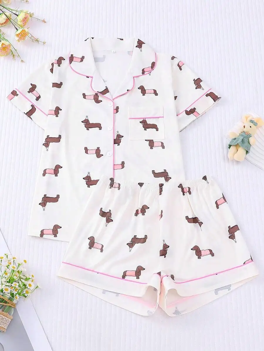 Cute Dachshund Print Women Short Sleeve Pajama Set With Collar Top And Elastic Waist Shorts
Cute Dachshund Print Women Short Sleeve Pajama Set With Collar Top And Elastic Waist Shorts