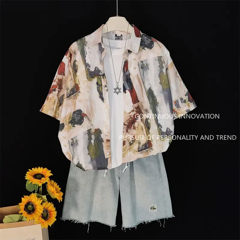 American Retro Hawaiian Style 3 Piece Set Men's Short Sleeve Printed Shirt Tank Top Denim Shorts Outfit
American Retro Hawaiian Style 3 Piece Set Men's Short Sleeve Printed Shirt Tank Top Denim Shorts Outfit