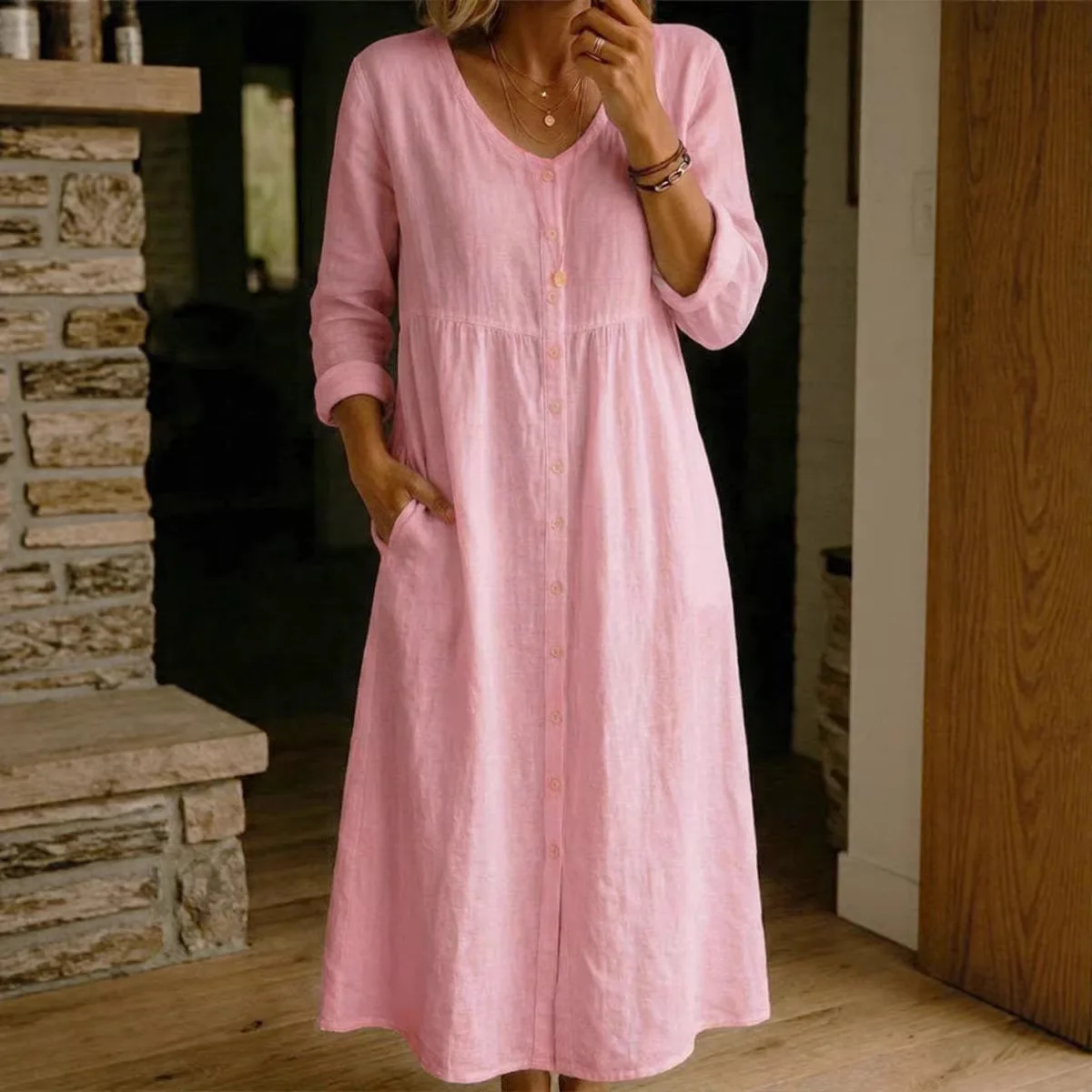 2026 New Womens Fashion Casual Loose Long Sleeve Button V Neck Long Dress Solid Color Temperament Long Skirt
2026 New Womens Fashion Casual Loose Long Sleeve Button V Neck Long Dress Solid Color Temperament Long Skirt