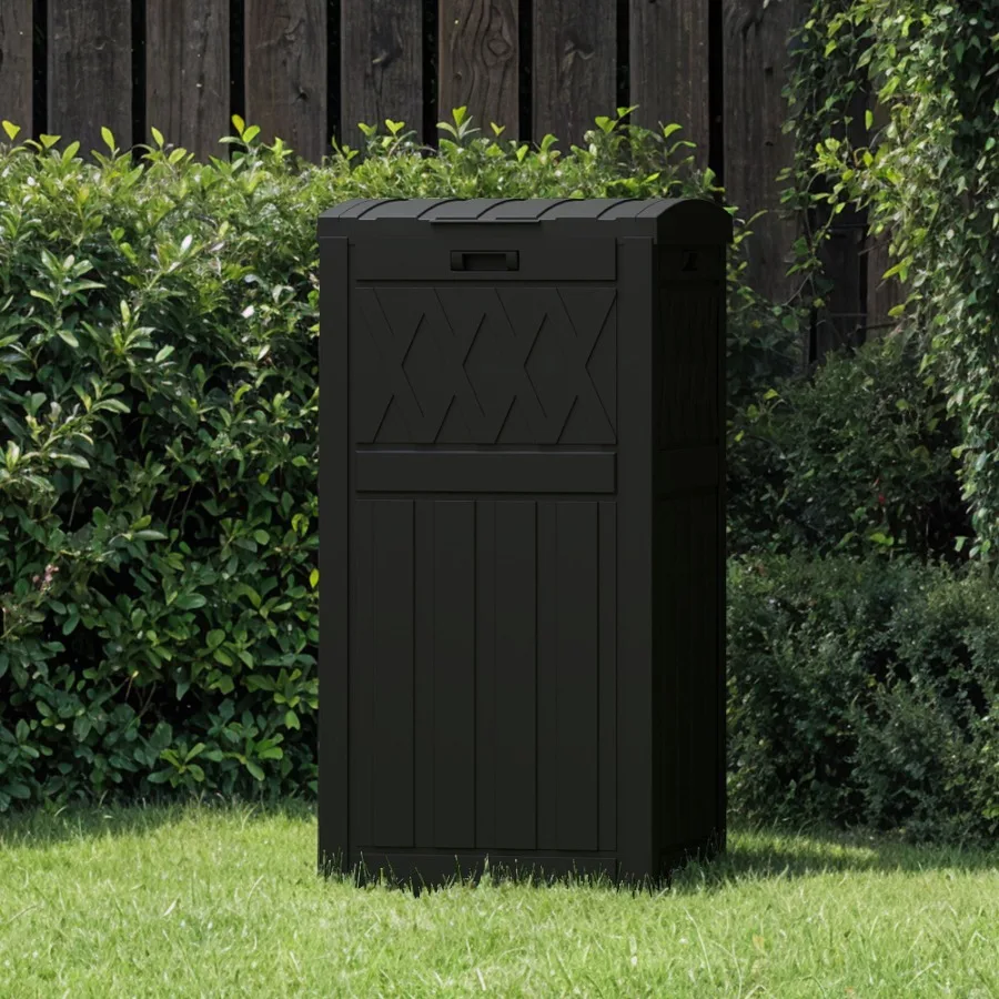33 Gallon Outdoor Trash Can for Patio Deck Backyard, Waterproof Black Plastic Bin with Layered Lid and Drip Tray
33 Gallon Outdoor Trash Can for Patio Deck Backyard, Waterproof Black Plastic Bin with Layered Lid and Drip Tray