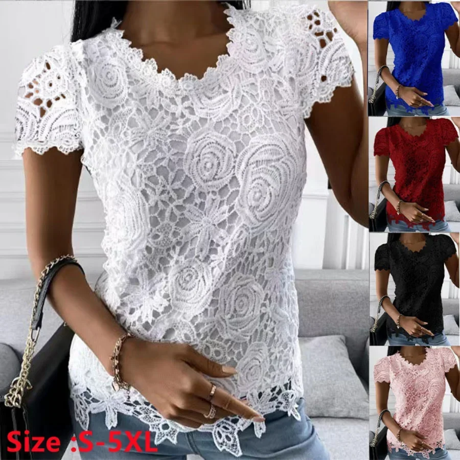 Plus Size 4XL 5XL Summer Casual Shirts for Women Lace Elegant Embroidery Shirt Female O Neck Solid Short Sleeve Women Blouse Top
Plus Size 4XL 5XL Summer Casual Shirts for Women Lace Elegant Embroidery Shirt Female O Neck Solid Short Sleeve Women Blouse Top