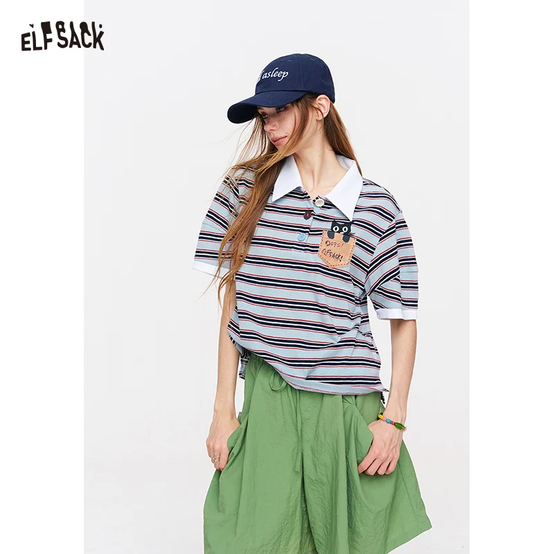 ELFSACK Striped Polo T-Shirt, Short Sleeve Top with Cat Embroidery Pocket & Colorful Buttons
ELFSACK Striped Polo T-Shirt, Short Sleeve Top with Cat Embroidery Pocket & Colorful Buttons