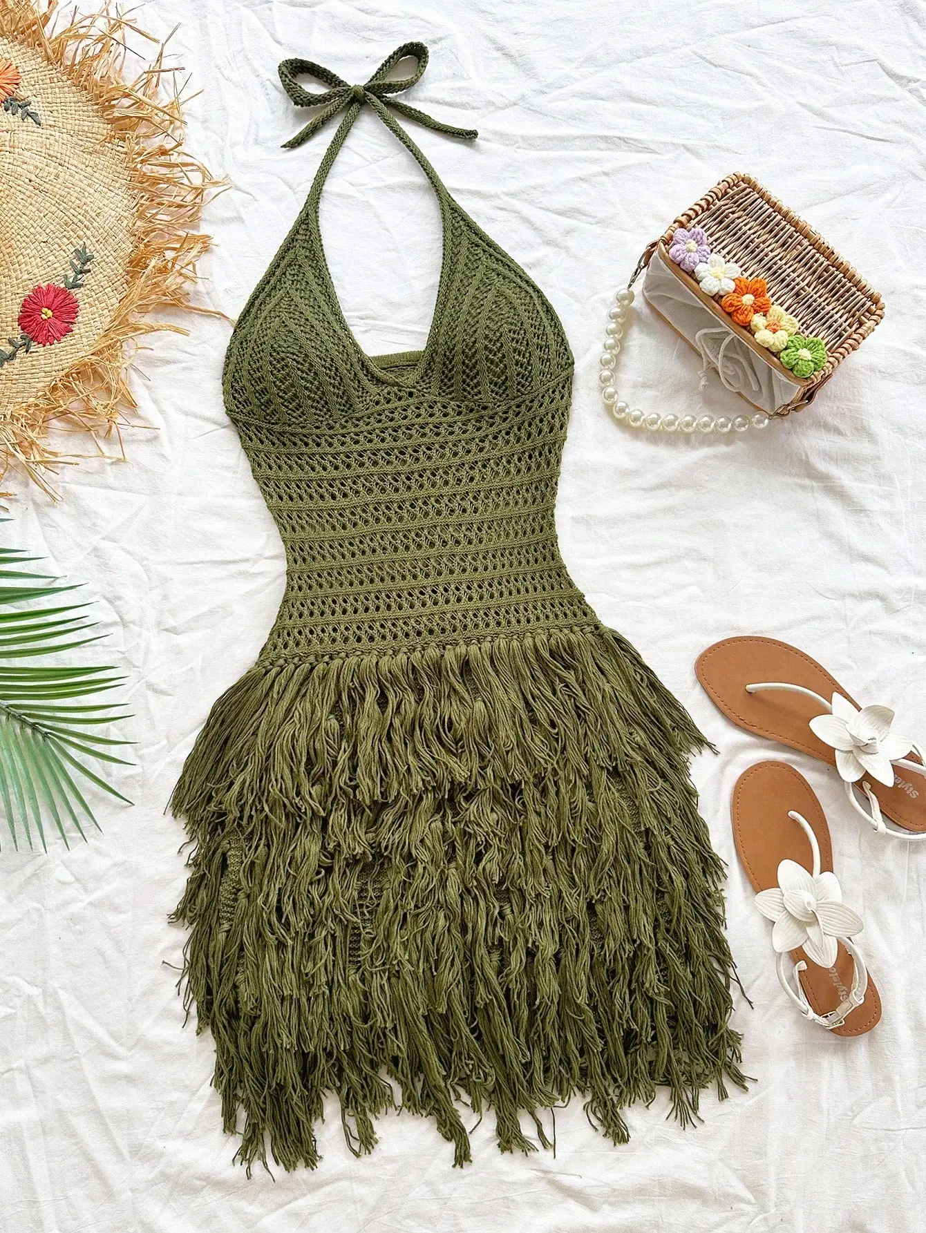 Olive Green Knit Halter Mini Dress with Fringe Detail, Boho Beach Vacation Outfit
Olive Green Knit Halter Mini Dress with Fringe Detail, Boho Beach Vacation Outfit