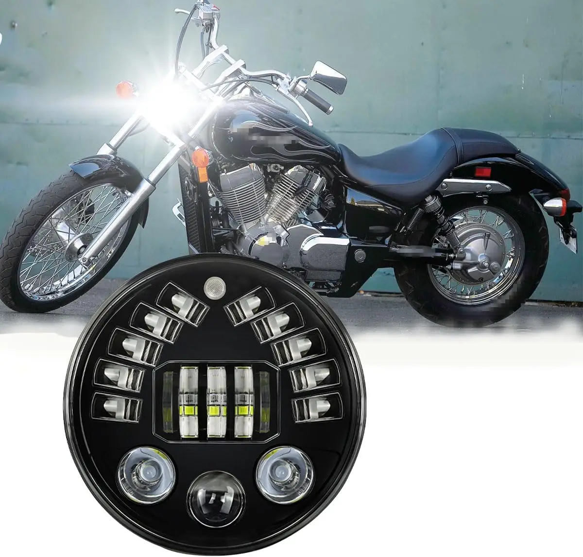 7" Round Compatible with Honda Shadow Spirit 1100 750 LED Motorcycle Headlight Assembly, High Low Beam DRL Turn Signal, DOT Appr
7" Round Compatible with Honda Shadow Spirit 1100 750 LED Motorcycle Headlight Assembly, High Low Beam DRL Turn Signal, DOT Appr