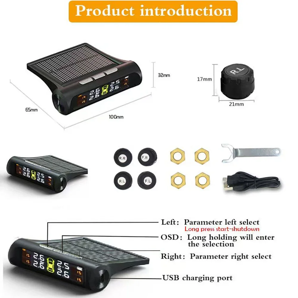 Car TPMS Tyre Pressure Monitoring System Solar Powered Digital LCD Display Auto Security Alarm Tester 4 Sensors Autos Alarm tool
Car TPMS Tyre Pressure Monitoring System Solar Powered Digital LCD Display Auto Security Alarm Tester 4 Sensors Autos Alarm tool