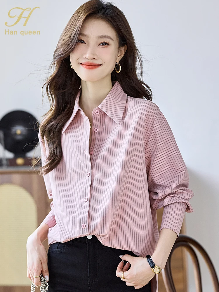 H Han Queen Spring Summer Long Sleeve Casual Korean Blouses Shirt Simple Single Breasted Stripe Office Blouse Female Tops
H Han Queen Spring Summer Long Sleeve Casual Korean Blouses Shirt Simple Single Breasted Stripe Office Blouse Female Tops