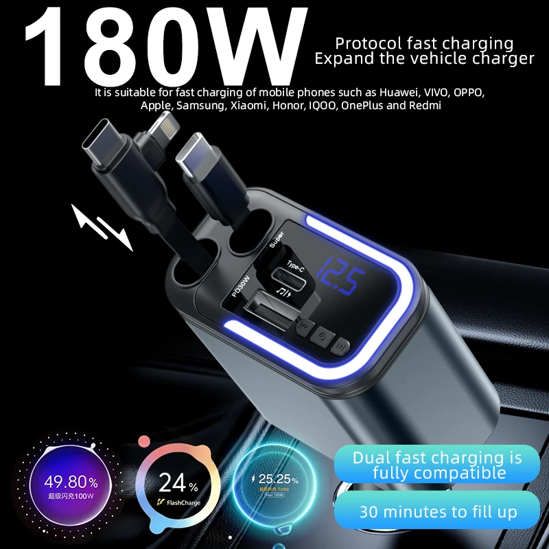 5 IN 1 180W Retractable Car Charger Bluetooth 5.0 FM Transmitter Fast Phone Charger Handsfree Call U-disk Aux with LED Light
5 IN 1 180W Retractable Car Charger Bluetooth 5.0 FM Transmitter Fast Phone Charger Handsfree Call U-disk Aux with LED Light