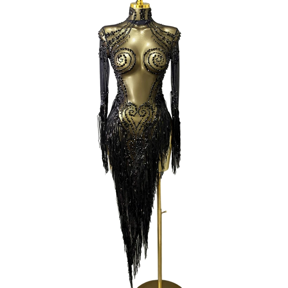 Sparkly Black Rhinestones Fringes Dress Women Sexy Mesh Transparent Performance Dance Costume Birthday Celebrate Stage Wear
Sparkly Black Rhinestones Fringes Dress Women Sexy Mesh Transparent Performance Dance Costume Birthday Celebrate Stage Wear